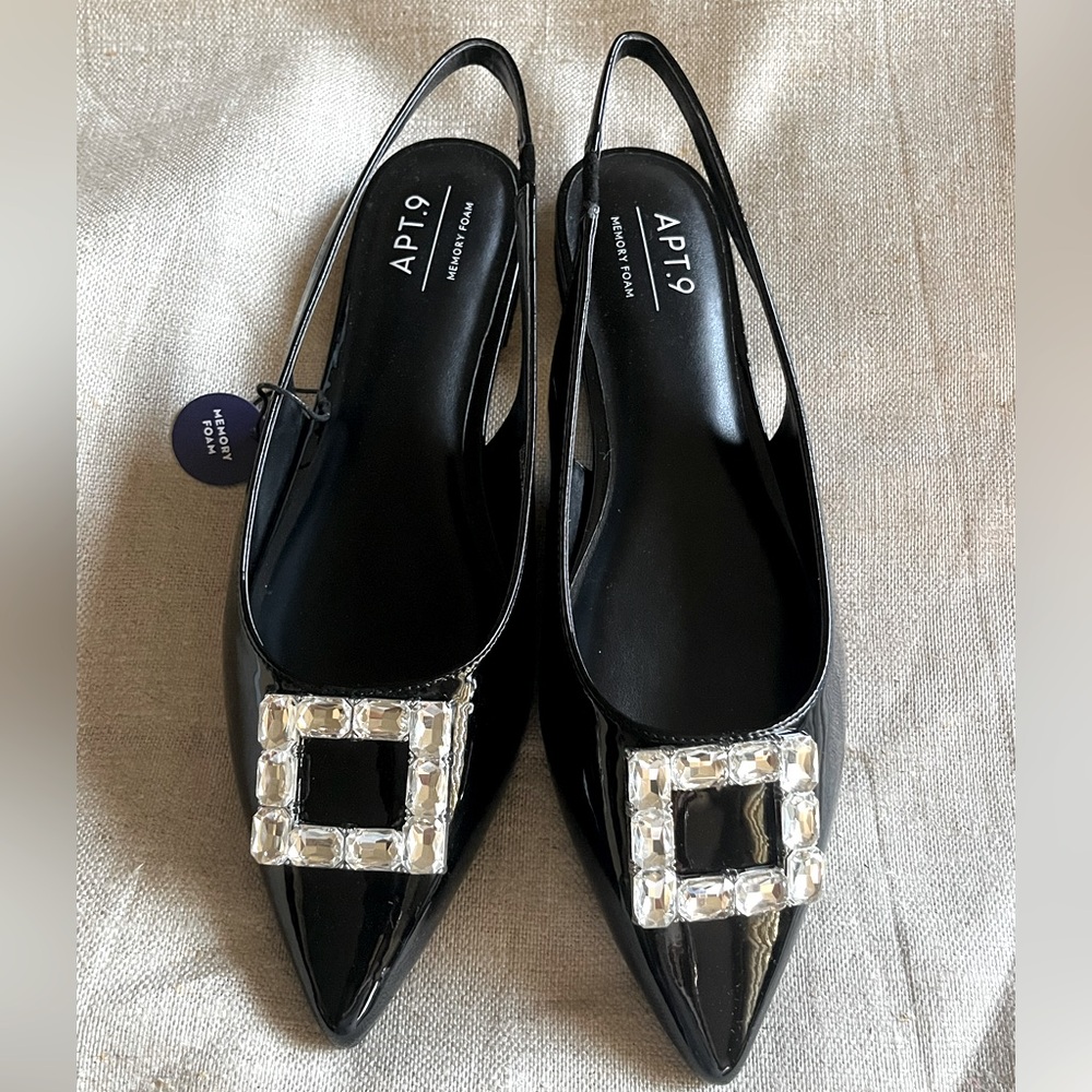 Black Flat Sling Backs Square Rhinestone Embellishments